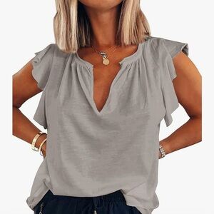 Plus Size V Neck Ruffle Sleeve Casual Loose Blouses Tee Shirts
